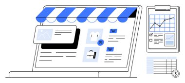 Çevrimiçi mağaza arayüzü olan dizüstü bilgisayar, alışveriş simgeleri, açılır kapanır pencere, çizelge ve listeli pano. Çevrimiçi alışveriş, e-ticaret, analitik, pazarlama satış perakende bütçesi için ideal. Basit düz