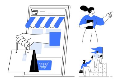 Mağaza önü ve alışveriş torbaları olan dev bir akıllı telefon tabletle el kol hareketi yapan bir kadın ve basamaklarda takım çalışması. E-ticaret, takım çalışması, mobil alışveriş, dijital iş, çevrimiçi için ideal