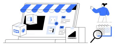 Alışveriş, satış, paket, takvim ve büyüteç ikonları olan bir dizüstü bilgisayar ekranında dijital vitrin. E-ticaret, iş stratejisi, pazarlama, satış paketleme perakende satış için ideal