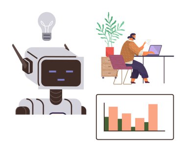 Ampullü robot, dizüstü bilgisayarı ve bitkisi olan uzaktan çalışan, veriyi görselleştiren çubuk grafiği. Yapay zeka, yenilik, üretkenlik, uzaktan çalışma, analiz, teknoloji trendleri için ideal basit düz metafor