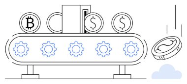Taşıyıcı bant para taşıma sembolleri Bitcoin, USD bozuk paralar ve dişliler aracılığıyla nakit paralar, dönüşüm işlemini gösteriyor. Finans, kripto para birimi, teknoloji, otomasyon, yenilik için ideal