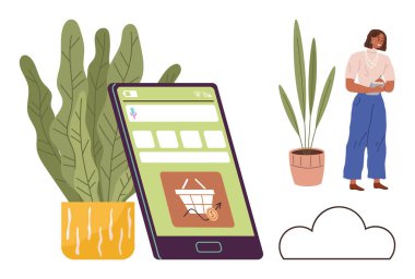 Alışveriş arabası uygulamalı büyük bir tablet, saksılarda çiçek, not defteri tutan düşünceli bir kadın, bulut şeklinde. E-ticaret, sürdürülebilirlik, akıllı alışveriş, yaratıcılık ve planlama için ideal
