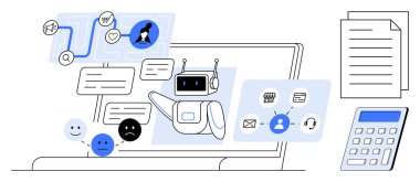 Robot sohbetlere duygusal simgeler, işlem akışı, iletişim simgeleri, hesap makinesi ve kağıtlarla cevap veriyor. Yapay zeka, sohbet robotu, otomasyon iş akışı verilerini ve verimliliği desteklemek için ideal. Basit.