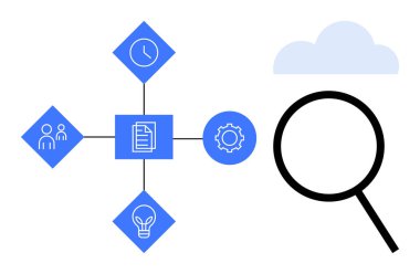 Dosya simgesi insanlarla, saatle, ampulle ve bağlı düğümlerle merkezde. Büyüteç arama ya da analizi simgeliyor. Takım çalışması, zaman yönetimi, yenilik, verimlilik için ideal