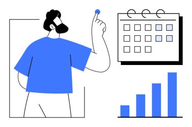 İşaretli tarihler ve çubuk grafiğiyle takvime doğru hareket eden adam ilerleme veya veriyi temsil ediyor. Zaman yönetimi, planlama, üretkenlik, iş, hedefler izleme, zamanlama, takım çalışması için ideal