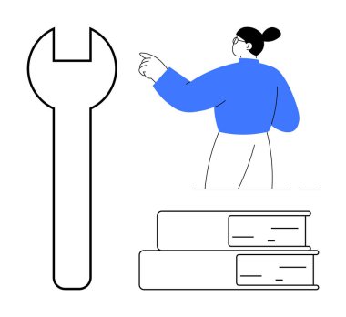 Kitapların ve İngiliz anahtarının yanında el kol hareketi yapan kadın eğitimi, bilgiyi, problem çözmeyi, yeniliği sembolize ediyor. Öğrenme, beceri geliştirme, onarım, yaratıcılık büyüme verimliliği kavramları için ideal