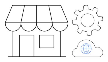 Bir tente ile basitleştirilmiş mağaza önü, ayarları veya araçları temsil eden teçhizat, ve bir küre barındıran bir bulut. İş geliştirme, e-ticaret, dijitalleştirme, küresel ulaşım, teknoloji, strateji için ideal
