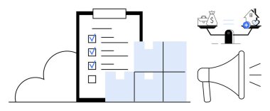 İş konsepti. Kontrol listesi, nakliye kutuları ve terazilerle gösterilen iş görevleri. İş büyümesi ve lojistik pazarlama araçlarıyla optimize edildi. Tedarik zinciri, e-ticaret, pazarlama için