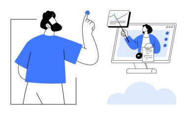 Çevrimiçi öğrenme kavramı. Sanal bir ortam olarak çevrimiçi öğrenme gerçek zamanlı etkileşim, sunumlar ve bulut tabanlı teknolojiyi birleştiriyor. Çevrimiçi öğrenme eğitimi güçlendirme ve uzaktan işbirliği