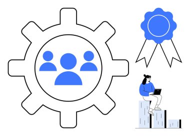 Takım ikonlu mavi dişli, tanınmak için kurdele rozetli, dizüstü bilgisayarda çalışan bir kadın. Takım çalışması, verimlilik, yenilik, liderlik, başarı büyüme tanıma için ideal. Basit düz