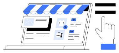 Dizüstü bilgisayar mağaza önü tasarımı, ürün listeleri ve alışveriş arayüzü içeren bir e-ticaret platformu gösteriyor. E-ticaret, çevrimiçi perakende, dijital pazarlama, web tasarımı, UIUX kavramları, teknoloji için ideal