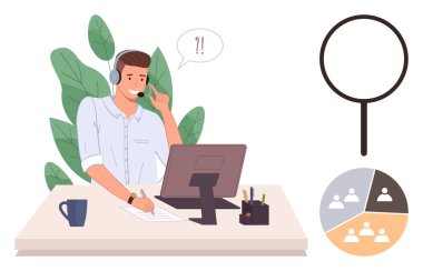 Masada çalışan, kulaklık takan, ekrandaki bilgileri analiz eden, yakınlarda büyüteç ve pasta grafiği olan bir adam. Müşteri hizmetleri, analiz, iletişim, iş, takım çalışması, araştırma için ideal