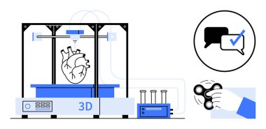 3 boyutlu yazıcı yapay kalp üretiyor, iletişim doğrulama simgesini daire içine alıyor ve el ile çevirici. Teknoloji, sağlık, yenilik, ilerleme, yaratıcılık ve mühendislik için ideal