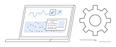 Analitik grafikleri, verileri ve kontrol seçeneklerini bir ayar takımının yanında gösteren dizüstü bilgisayar. Veri analizi, otomasyon, optimizasyon, yazılım araçları, üretkenlik, iş stratejisi için ideal