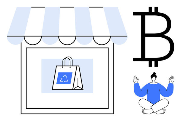 Storefront with reusable shopping bag, Bitcoin symbol, and a meditative figure. Ideal for sustainability, digital currency, mindful shopping, eco-friendly trends, fintech, well-being simple flat