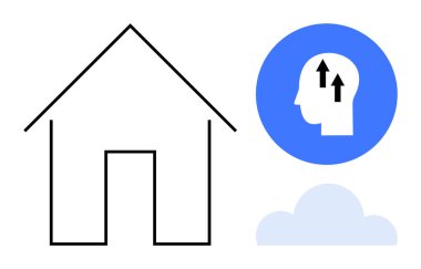 Ev kavramı. Yukarı doğru ok büyüyen ve bulutlu bir zihnin simgelerinin yanında minimalist bir ev. Ev yeniliği, zihinsel berraklık, sürdürülebilir yaşam, yaratıcılık, ilerleme