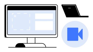 Bilgisayar monitörü ekran paylaşım arayüzü, dizüstü bilgisayar ve kamera arama simgesi gösteriyor. Uzak çalışma, iletişim, işbirliği, sanal toplantılar, öğretiler, teknoloji ekip çalışması için ideal