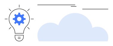 İçinde vites olan ampul, mavi bulut ve minimalist çizgiler. Modern fikirleri paylaşan yenilik, bulut teknolojisi, yaratıcılık, problem çözme, dijital dönüşüm verileri için idealdir. Basit düz