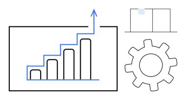 İlerlemeyi, analizi ve ayarları temsil eden dişli ve ızgara panelinin yanında yukarı doğru ok olan çubuk çizelgesi. Büyüme, başarı, üretkenlik, strateji planlama verileri ve verimlilik temaları için idealdir. Basit.