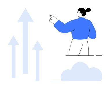 İleriyi gösteren oklar ve bulut motifi vizyon, büyüme, yenilik ve gelecekteki fırsatları temsil ediyor. Liderlik, kariyer, hırs, hedef belirleme, strateji takım çalışması için ideal