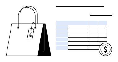 İndirim etiketli bir alışveriş çantası, hesap tablosu ve bir dolar madeni parasının yanında. Perakende, ekom, analitik, alışveriş eğilimleri, bütçe planlaması, finansal planlama, satış raporları, basit düz metafor