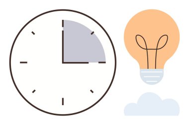 İşaretli zaman dilimi, parlayan ampul ve bulut üretkenlik, yenilik ve planlama öneren saat. Zaman takibi, beyin fırtınası, yaratıcılık, son teslim tarihi iş stratejisi için ideal