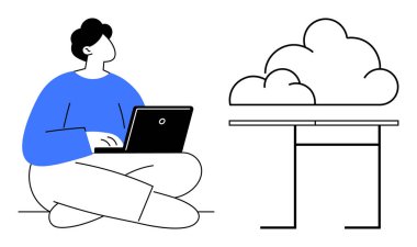 Masanın üstündeki buluta bağlanan bir dizüstü bilgisayarla oturan kişi. Bulut hesaplama, uzak çalışma, veri depolama, çevrimiçi işbirliği, dijital teknoloji, üretkenlik, basit düz metafor için ideal