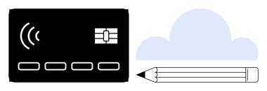 Temassız ödeme kartı, bulut simgesi ve kalem finansal teknolojiyi, bulut depolamayı ve yaratıcılığı simgeliyor. Yenilik, teknoloji, dijital dönüşüm, tasarım eğitimi finansmanı için ideal