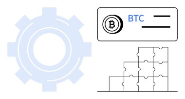 Blockchain konsepti. Bitcoin sembolü, bulmacalar ve dişli simgesi de dahil olmak üzere blok zinciri elementleri. Merkezi olmayan sistemler, dijital para birimi ve teknolojik yenilikler. Finans için, kripto