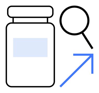 Büyüteç odaklı ilaç kavanozu ve yükselen mavi ok ilerlemeyi ve büyümeyi gösteriyor. Sağlık, tıbbi araştırma, ilaç yeniliği, ilerleme, ürün analizi, büyüme için ideal