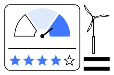 Derecelendirme metresi mavi gradyan göstergesi, beş yıldızlı sistem, rüzgar türbini. Sürdürülebilirlik, yenilenebilir enerji, enerji derecelendirme, eko tasarım, performans ölçümü, basit yeşil enerji düzlüğü için ideal