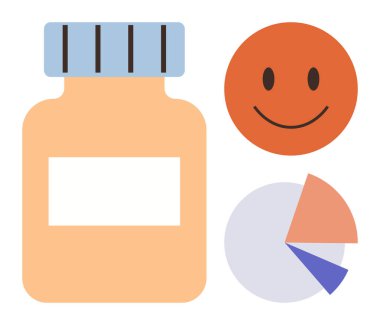 Şişe kutusu, gülen surat, pasta grafiği görselleştirme verisi. Sağlık, sağlık, yaşam tarzı, takviyeler, pozitiflik veri analizi için ideal. Basit düz metafor