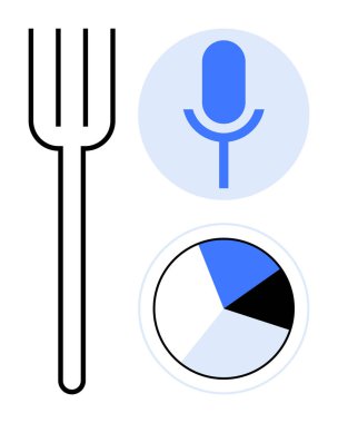 Bir mikrofon ve pasta grafiğiyle eşleşen çatal yemek, iletişim ve veri arasındaki bağlantıları vurgular. Analiz, pazarlama, endüstri anlayışı, gıda eğilimleri ve modern teknoloji için ideal