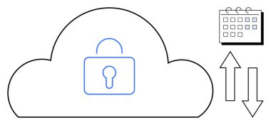 Yukarı-aşağı oklar ve bir takvimle kilitlenmiş bulut sembolü, güvenli veri paylaşımını, bulut depolamasını, şifrelemeyi, erişim kontrolünü, gizlilik korumasını temsil ediyor. Yedekleme, bilgisayar ve teknoloji için ideal