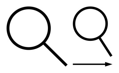 İki büyüteç, bir ok sağ tarafı gösteriyor, yakınlaştırmayı vurguluyor, keşif, araştırma, ilerleme, geçiş, analiz ve öncelik belirleme. Ayrıntılı odaklanma stratejisi için ideal