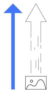 Yükselen ok ve resim karesinin yanında yükselen mavi ok ilerlemeyi, büyümeyi ve başarıyı simgeliyor. Yenilik, gelişme, başarı, strateji, motivasyon hedefleri için ideal basit düz