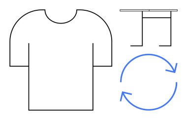 Tişört taslağı, geri dönüşüm için dairesel oklar ve kumaş yapı diyagramı. Sürdürülebilirlik, moda, geri dönüşüm, tekstil üretimi, eko-bilinç, kaynak yönetimi için ideal basit düz