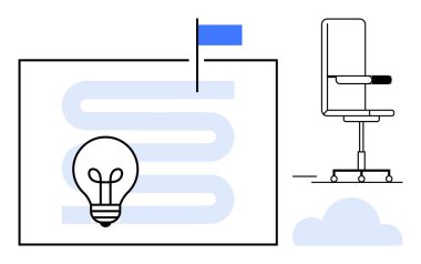 Yol üzerindeki ampul yaratıcılığı ve hedef başarısını sembolize ediyor, ofis koltuğu çalışma alanını öneriyor. İş için ideal, üretkenlik, yenilik, planlama, ilerleme, strateji büyümesi. Basit.