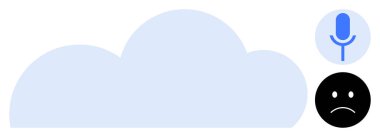 Mikrofon ve üzgün yüz simgeleriyle büyük mavi bulut, ses kontrolü, bulut verisi ve duygusal yapay zekayı sembolize ediyor. Teknoloji, duygu, veri analizi, geri besleme, yapay zeka ses etkileşimi için idealdir.