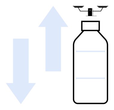 Quadcopter yukarı ve aşağı doğru oklar arasında sıvı konteynır üzerinde asılı duruyor. Düz bir metafor olarak dağıtım, otomasyon, lojistik, teknoloji, verimlilik, yenilik ve basitlik için ideal