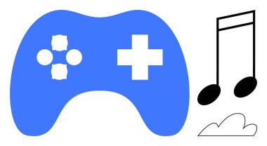 Mavi oyun denetleyicisi, müzik notaları ve bulut tasarımı oyun, yaratıcılık, müzik entegrasyonu, dijital eğlence yeniliği, eğlence, sanal etkileşim ve hayal gücünü temsil ediyor. İdeal