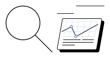 Anahtar noktaları olan ızgara işaretli bir belgenin çizgi grafiğini inceleyen büyüteç. Araştırma, analitik, izleme, büyüme, strateji, kavrayış ve çalışma için idealdir. Modern düz metafor