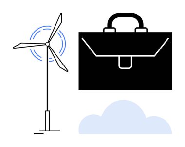 Temiz güç için dönen rüzgar türbini, işi simgeleyen minimalist evrak çantası ve bulut tasarımı. Sürdürülebilirlik, iş-yaşam dengesi, temiz enerji, eko-ticaret eğilimleri, yenilik, yeşil