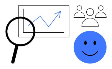 Veri analiz konsepti. Büyüme grafiği, izleyici simgeleri ve büyüteçle veri analizi yapıldı. Veri analizi iş stratejisini ve seyirci katılımını artırır. Araştırma, iş planlaması