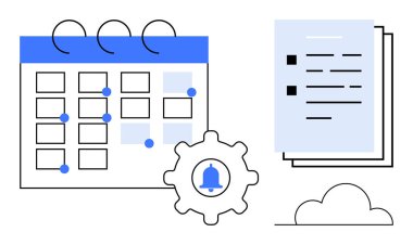 İşaretli tarihli takvim, hatırlatıcı zilli ekipman, istiflenmiş belgeler ve bir bulut. Planlama, planlama, zaman yönetimi, organizasyon hedefi, son teslim tarihlerini belirlemek için ideal. Basit düz