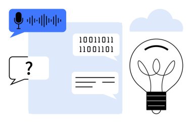 Konuşma tanıma balonu, ikili kod, soru ikonu, konuşma kutuları, ampul ve bulut. Teknoloji, yenilik, yapay zeka beyin fırtınası iletişim işbirliği ses teknolojisi için ideal.