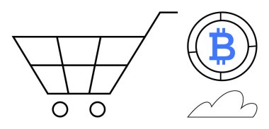 Alışveriş arabası, Bitcoin madeni para ve bulut, e-ticareti, kripto para birimini, dijital ödemeleri, online alışverişi vurguluyor. Finans, teknoloji, engelleme zinciri yeniliği için ideal yatırım sanal pazarlar basit