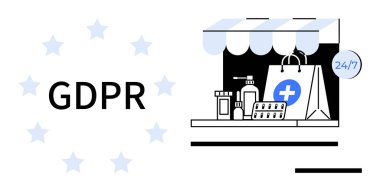 Yıldızlı GDPR metni, çevrimiçi eczane vitrini, ilaçlar, alışveriş torbası ve 247 işareti. Veri gizliliği, uyum, e-ticaret, sağlık hukuku dijital güvenlik için ideal basit düz metafor