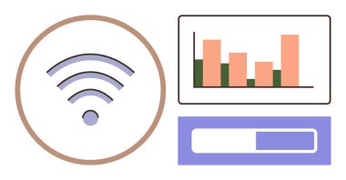 kablosuz sinyal simgesi, veri tablosu ve ilerleme çubuğu teknolojiyi, ağı, performansı ve yönetimi vurguluyor. Bağlantı, verimlilik ve analitik izleme için ideal ilerleme verimliliği
