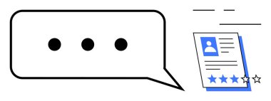 Üç noktalı sohbet balonu ve yıldız reytingleri içeren bir kullanıcı profili belgesi. İletişim, inceleme, katılım, geri bildirim, müşteri desteği, değerlendirme ve çevrimiçi profiller için ideal, basit düz